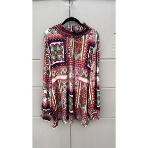 Susan Graver multicolor paisley ruffle high neck bishop sleeve tunic blouse 3X